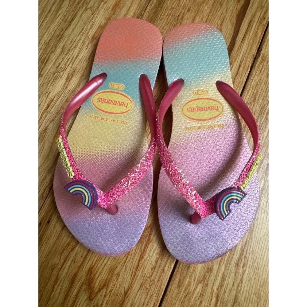 Havaianas Kids Slim Glitter Rainbow Ombre Flip Flops Pink Blue Size 3/4Y 33-34